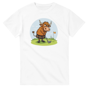 highland cow playing golf
